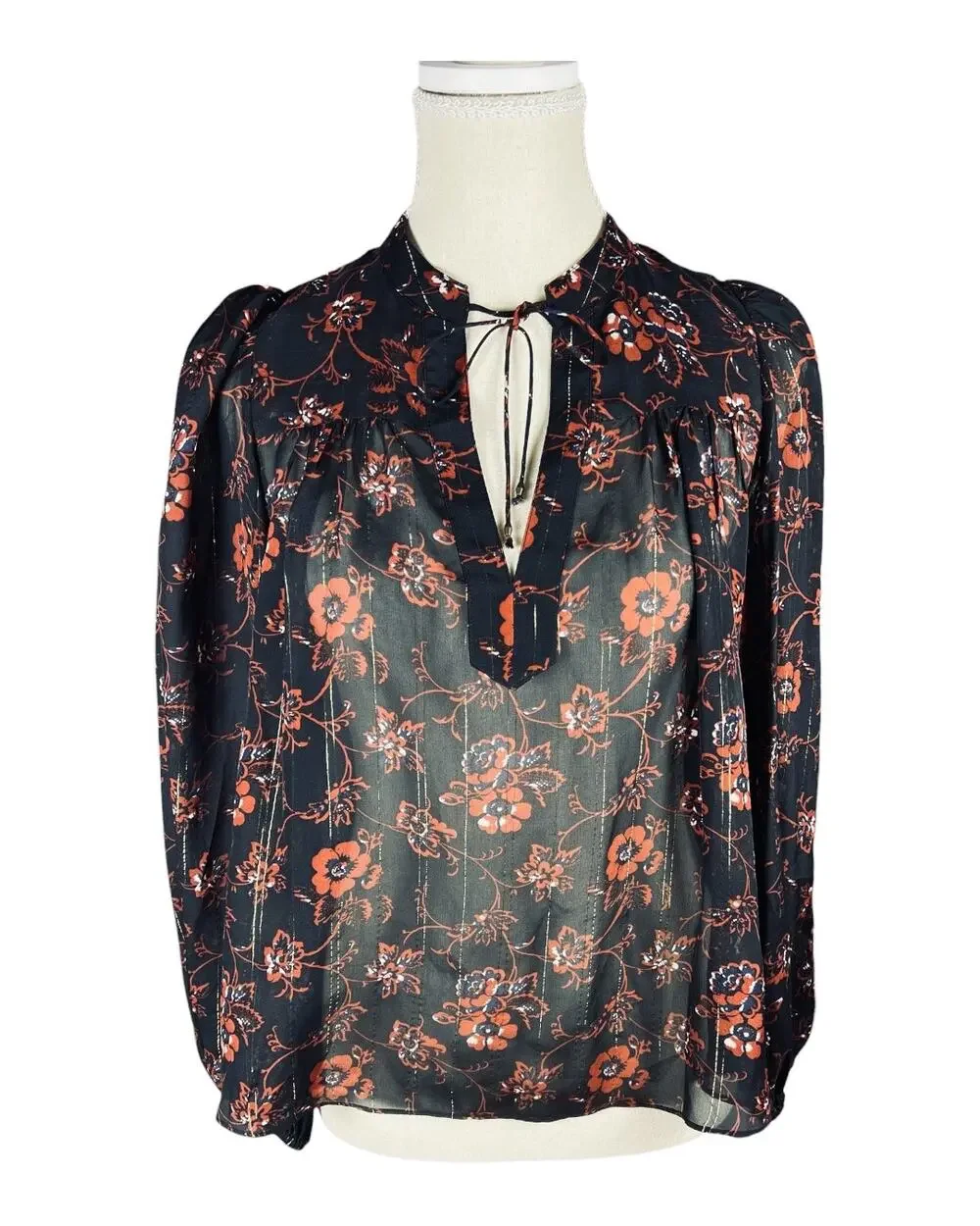 Ulla Johnson Constance Noir Floral Metallic Silk Blouse NWT Size 0